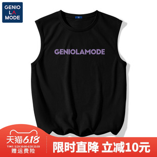 GENIOLAMODE男士无袖背心男款纯棉夏季黑色字母坎肩t恤男休闲男装