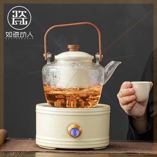 如瓷动人玻璃煮茶器家用米黄汝窑提梁煮茶壶烧水壶陶瓷电陶炉套装