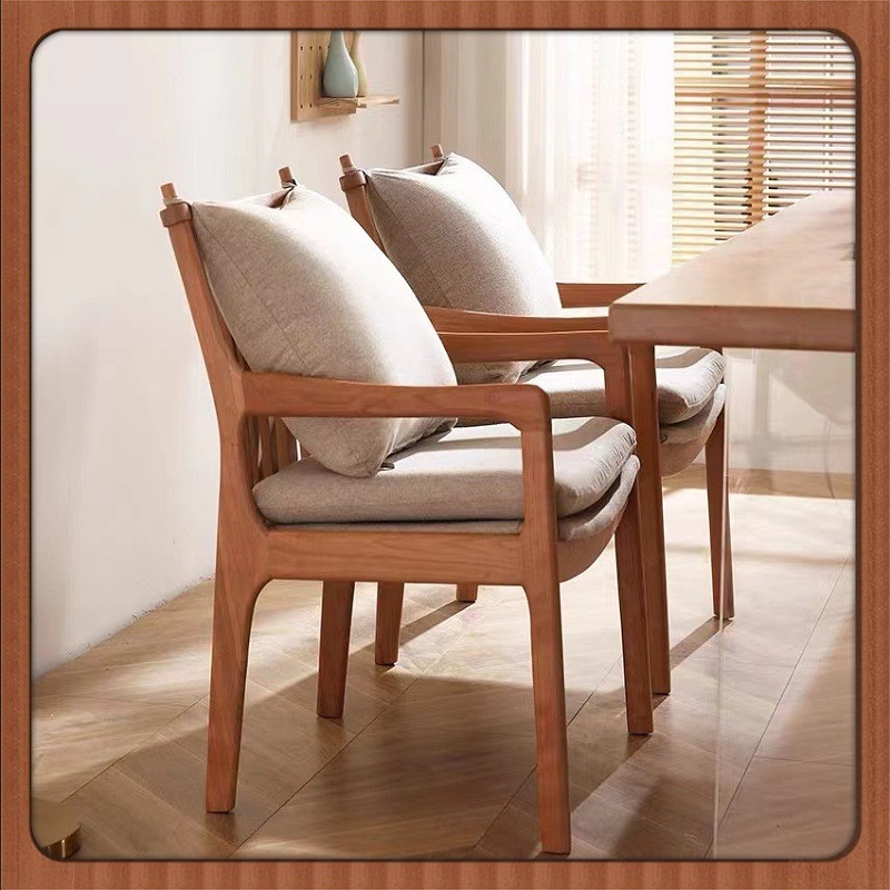 客厅实木软包椅成人书房 休闲咖啡椅 北欧榫卯樱桃木扶手餐椅原木