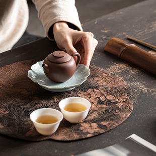 中式香云纱圆形干泡茶席茶桌隔热垫子禅意双面复古桌布桌旗茶布