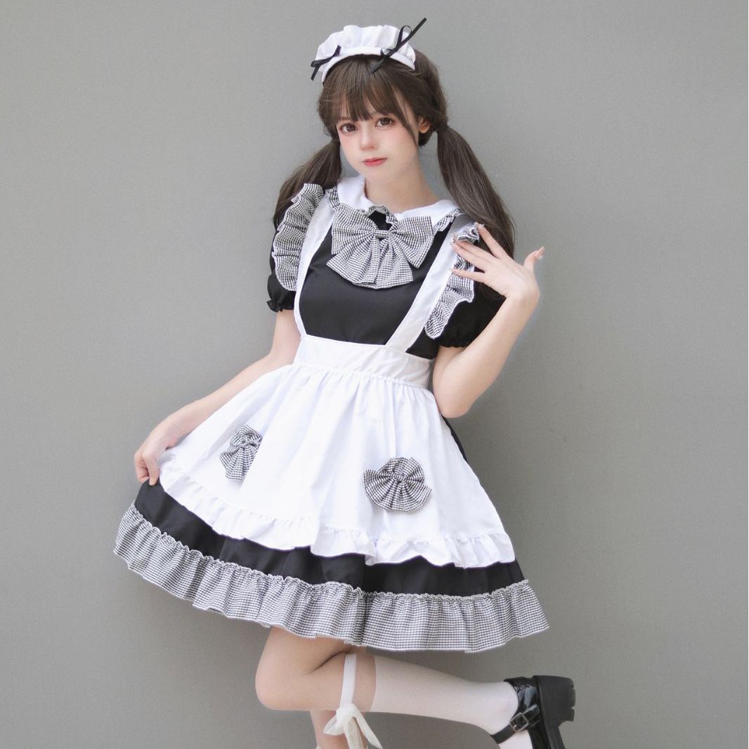 Cosplay日本动漫新款4件套女仆装可爱公主裙黑白格蝴蝶结女仆系