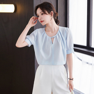 韩系短袖雪纺衬衫女士夏季2024新款洋气减龄宽松上衣时尚薄款衬衣