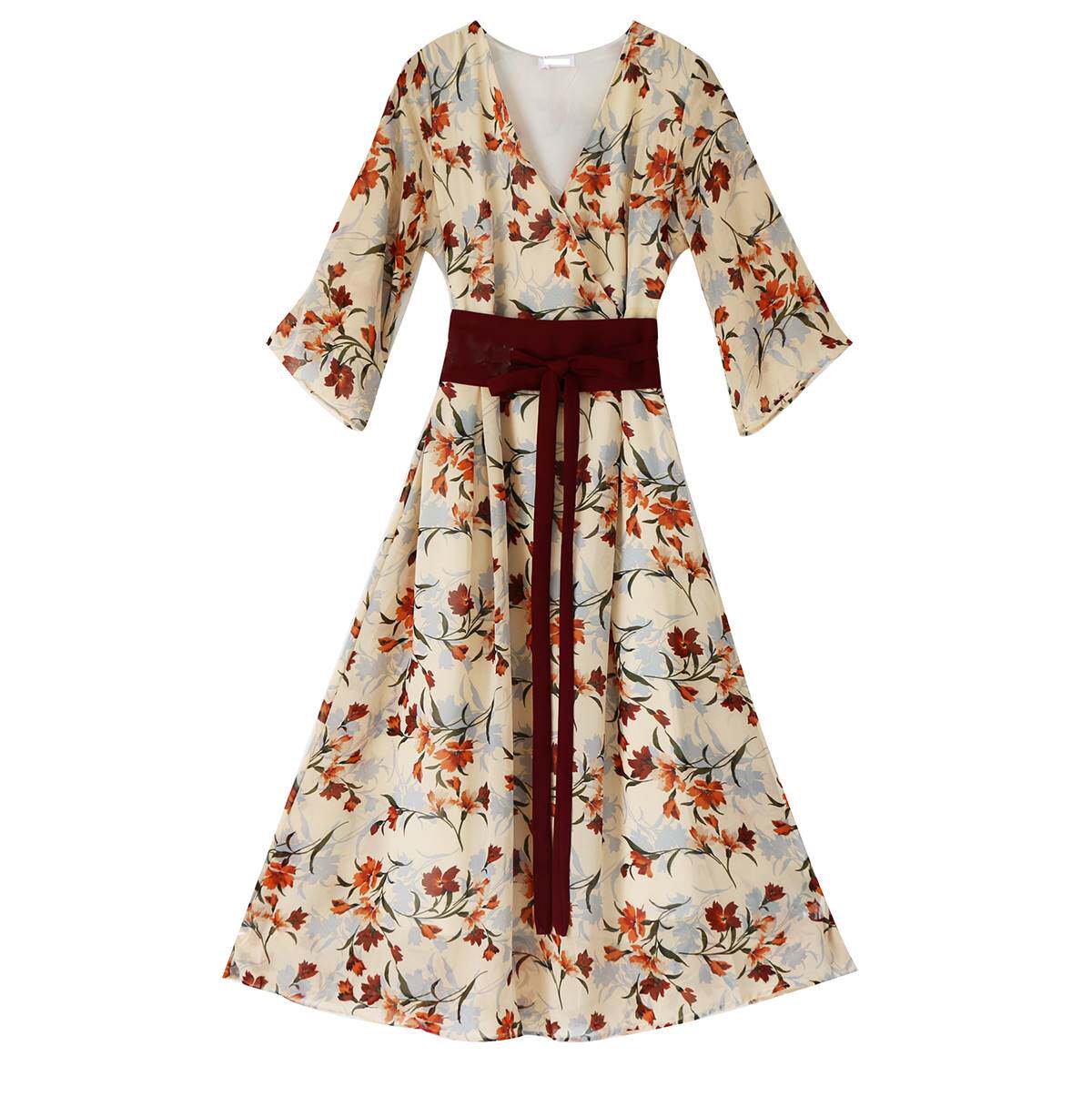 日式和风振袖腰封连衣裙中长款慵懒风裙子夏 复古心机裙子设计感