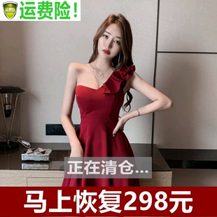 夜店女装时尚气质女神范衣服夜场低胸斜肩酒红色夜总会性感连衣裙