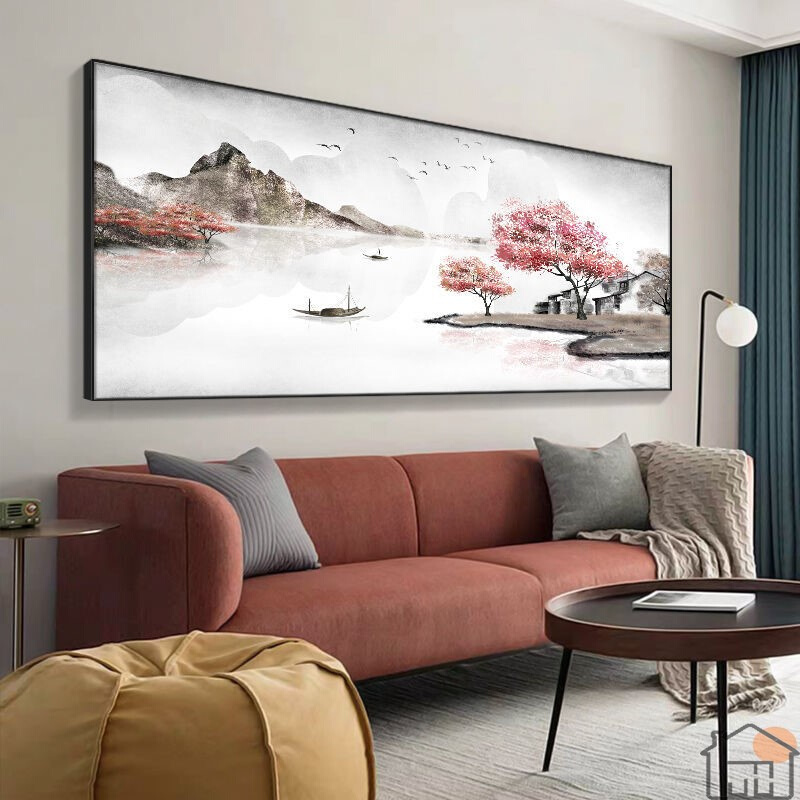 中式客厅装饰画水墨系列新山风景壁横版整幅大尺寸茶室背景挂装饰