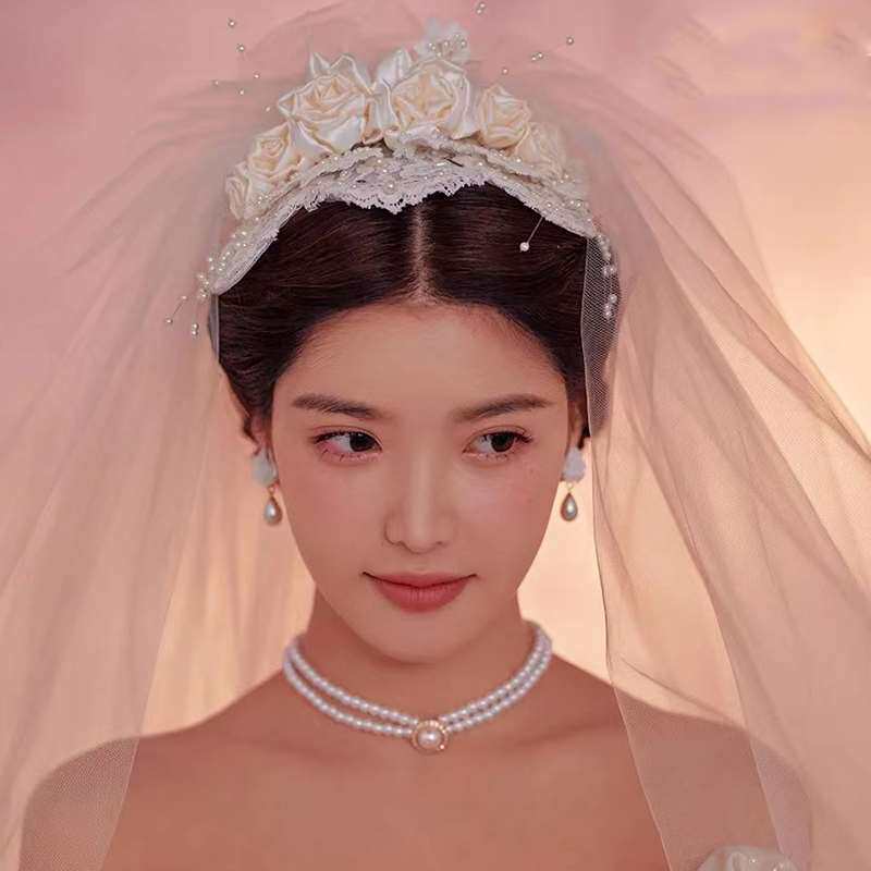 新娘头纱领证头饰花朵蕾丝网纱复古造型婚礼发饰仙美婚纱礼服配饰