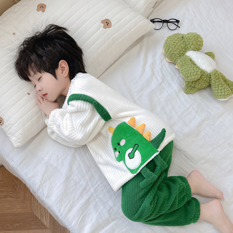 男童睡衣秋冬季法兰绒2023新款儿童卡通恐龙家居服套装小宝宝男孩