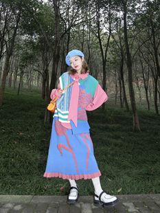 艺术感森系搭配一整套时尚套装女春秋马甲衬衫半身裙子针织三件套