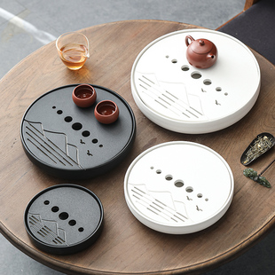 新中式圆形全陶瓷茶盘家用蓄水功夫茶具托盘小型茶海茶台沥水干泡