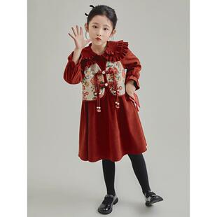 女童加绒雪尼尔连衣裙秋冬儿童中国LWO风新旗袍冬季圣红诞年礼服
