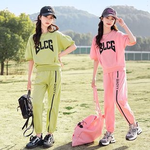 小女孩洋气运动两件套2024夏季新款中大女童韩版针织短袖t恤套装