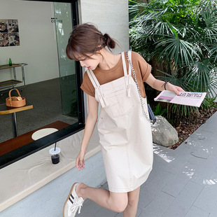 法国CanaryKiss实拍韩版明线口袋背带连衣裙套装女夏款纯色短袖T