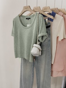 绿色u领短款正肩针织短袖t恤女夏季2023新款设计感小众小个子上衣