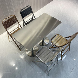 工业风不锈钢长方形餐桌网红奶茶店甜品店实心条形桌满板折叠椅子