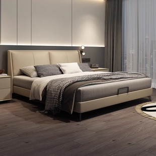 林氏家居意式极简真皮轻奢主卧大床现代简约带抽屉软床实木1.8米