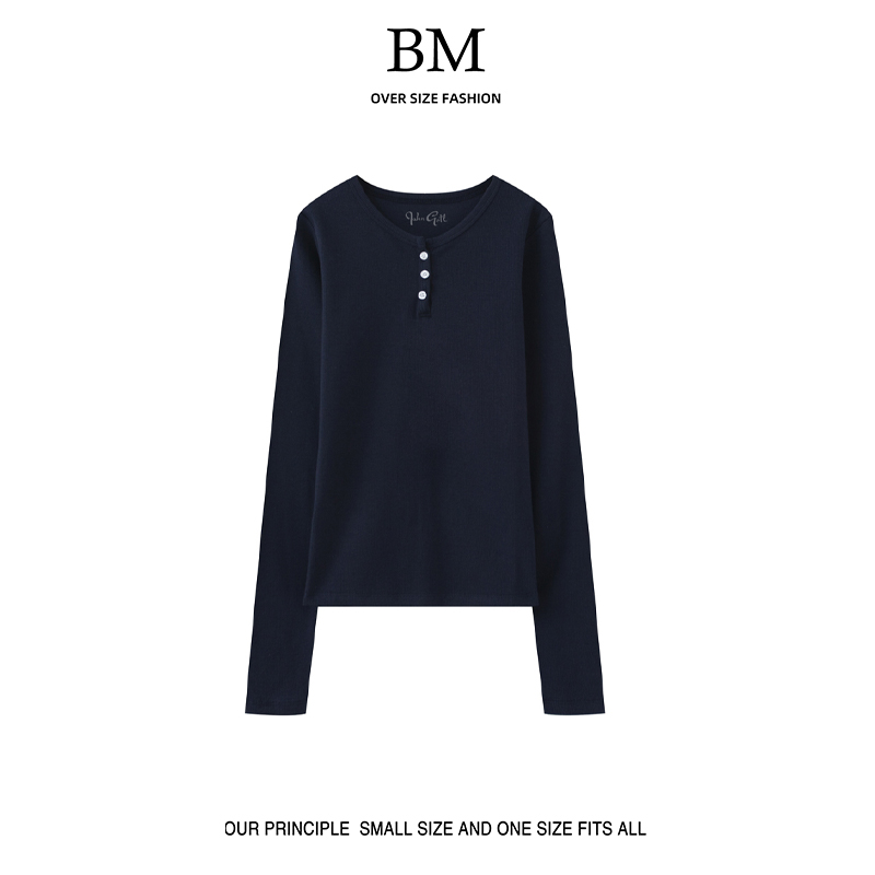 bm fashion 春夏新款圆领三粒扣长袖T恤bm修身显瘦内搭上衣打底衫