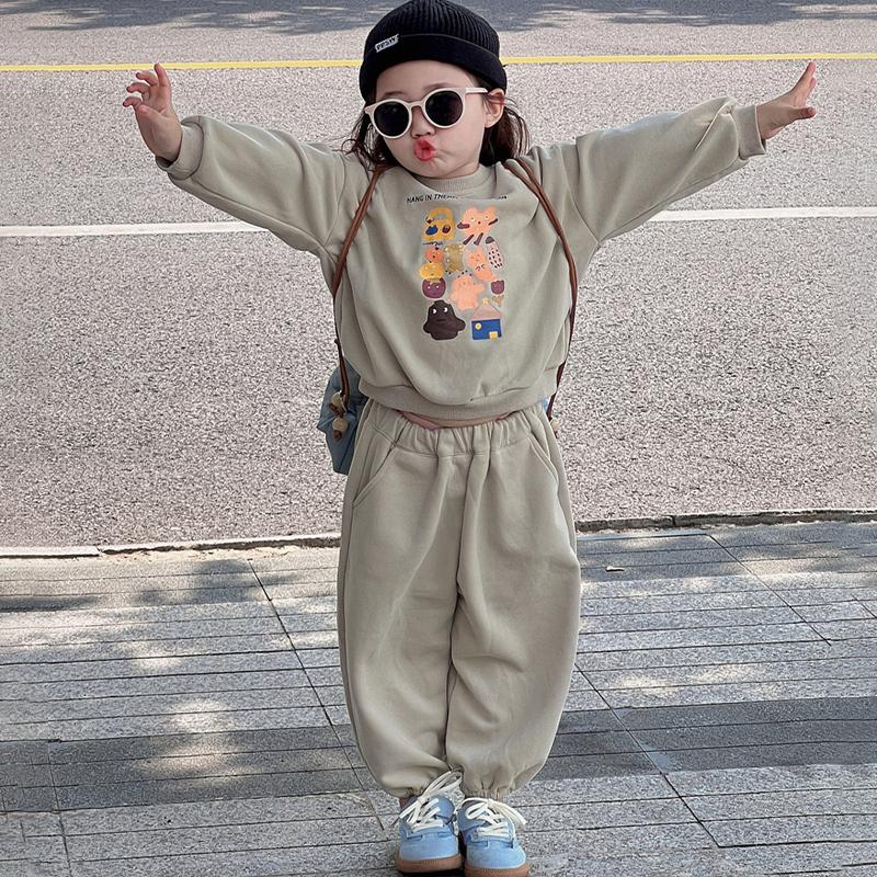 儿童卫衣套装运动韩版男童秋冬加绒童装女宝宝卡通卫裤女童两件套