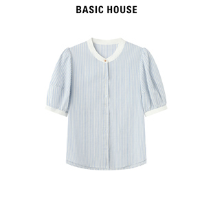 Basic House/百家好竖条纹衬衫女夏设计感泡泡袖上衣宽松短袖衬衣