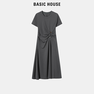 百家好设计感收腰显瘦小黑裙夏季新款抽褶不对称中长款针织连衣裙