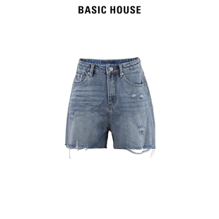 Basic House/百家好破洞牛仔短裤女2023夏季新款直筒显瘦休闲裤子