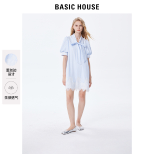 Basic House/百家好设计感连衣裙女2024夏季新款蓝色条纹衬衫裙