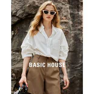 Basic House/百家好时尚短袖女衬衫2024夏季新款设计感小众衬衣