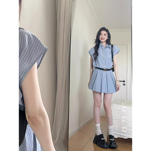 韩系学院风条纹小众设计感短袖衬衫连衣裙女夏季新款短裙收腰显瘦