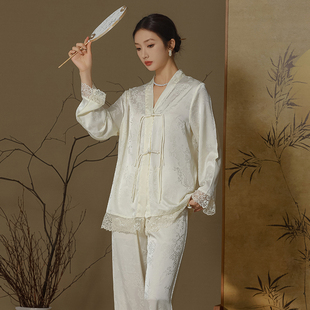 紫色花语新中式女士丝绸睡衣汉服国风冰丝复古长袖家居服套装夏季