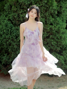 无线WUXIAN -暮山花海连衣裙紫色晕染印花仙女连衣裙女气质