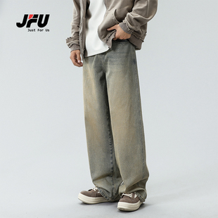 JFU 美式复古做旧黄泥色牛仔裤男生宽松直筒阔腿长裤子男款潮韩系