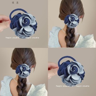 优雅玫瑰！蓝色相间花朵发圈！大花朵双皮筋发绳头花扎头绳春夏女