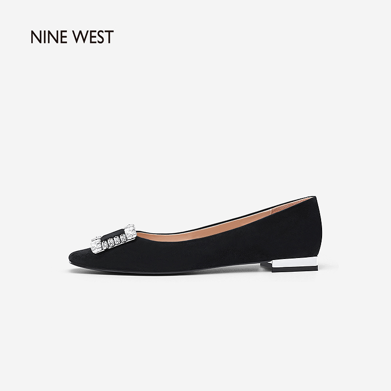 Nine West/玖熙2024年春季新款低跟单鞋女钻扣方头绒面通勤平底鞋