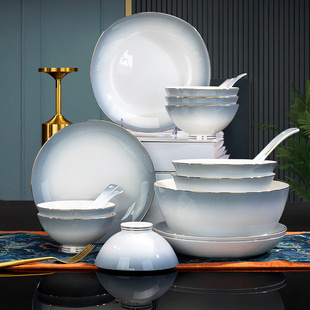 景德镇碗碟套装家用金边骨瓷餐具22头釉中彩高级感陶瓷碗盘筷组合