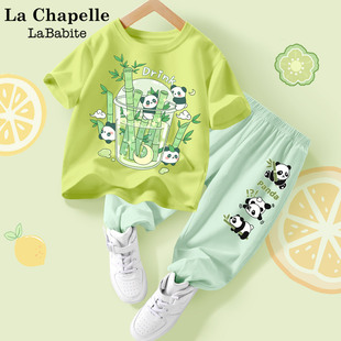 拉夏贝尔女童夏季套装2024新款童装大童短袖儿童夏装女孩熊猫衣服