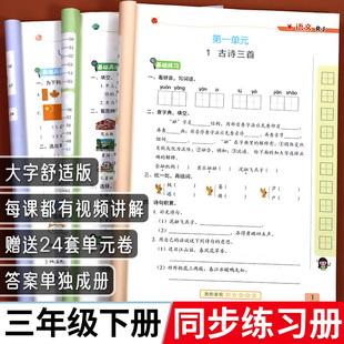 三年级下册同步练习册语文数学英语练习题人教版北师大版苏教版上册语数英专项训练小学课本练习试卷测试卷全套书一课一练53天天练