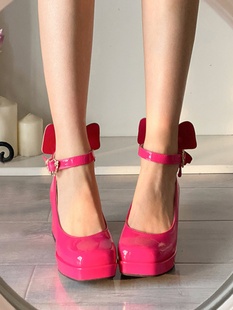 法式小个子高跟鞋女粗跟粉色少女玛丽珍鞋2024春季新款蝴蝶结单鞋