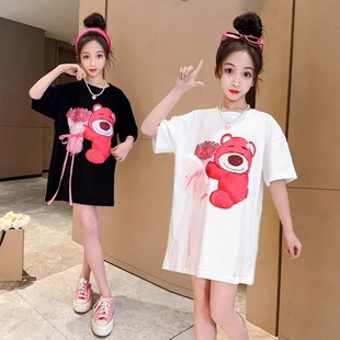女童短袖夏季女孩韩系黑色中长款T恤裙夏装儿童网红炸街时髦半袖
