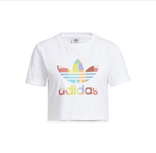 adidas originals三叶草 彩色大Logo印花短款套头短袖T恤 女款 白