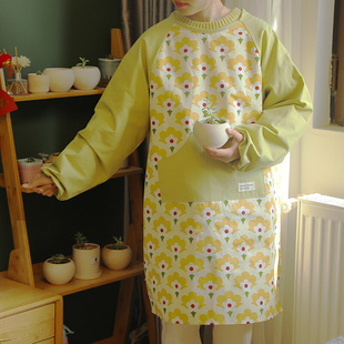 肆月韩版长袖围裙年轻时尚家用女厨房长款做饭大人穿罩衣防水防脏