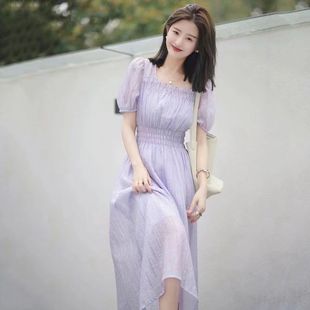 法式复古方领紫色仙女裙2024夏季新款泡泡袖雪纺连衣裙纯欲赫本风