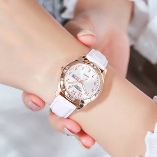 新款韩版时尚直播女生手表学生双日历水钻皮带石英表女士厂家
