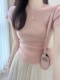 法式正肩粉色冰丝短袖t恤女夏季独特设计感修身针织衫上衣半身裙