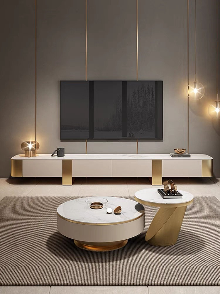 联邦官方法式轻奢意式现代简约亮光岩板烤漆茶几电视柜组合小户型