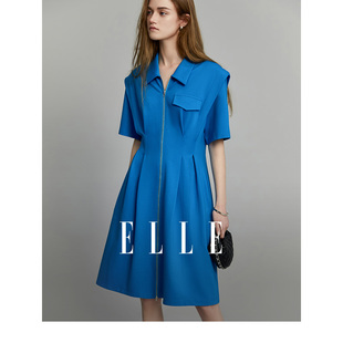 ELLE法式短袖收腰蓝色连衣裙女2024夏季新款显瘦小众高级感裙子