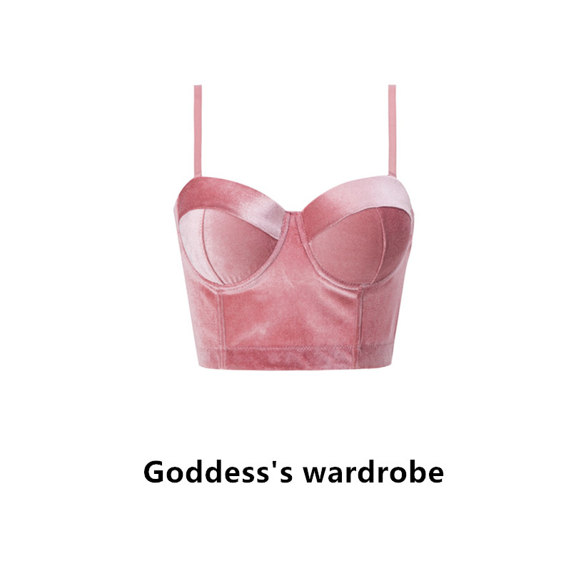 Goddess's欧美丝绒胸垫一体吊带外穿鱼骨钢圈束腰露背抹胸上衣女