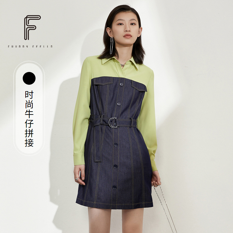 FF仿佛春夏时尚假两件牛仔拼接衬衫连衣裙女FF0081