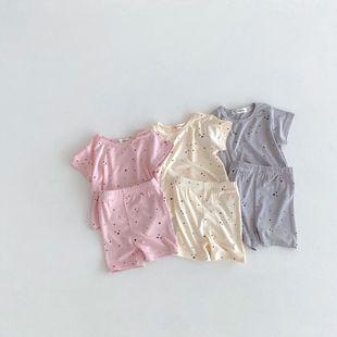 夏季2024童装新款中小童女韩版家居服薄棉小星星男女童空调服套装