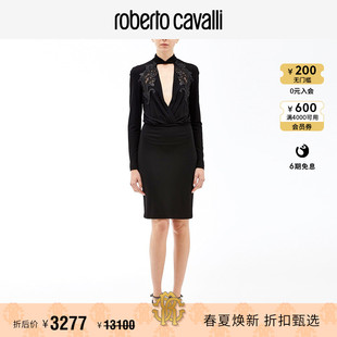 RC女士连衣裙 黑色V领女士针织连衣裙Roberto Cavalli