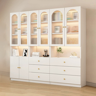实木客厅书柜一体整墙轻奢奶油风家用书架带玻璃门置物柜全屋定制
