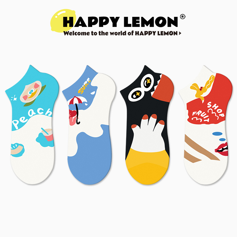 HAPPYLEMON短筒袜子女春秋ins潮卡通创意插画学生潮流春夏男短袜